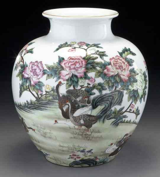 Appraisal: Chinese porcelain jardepicting birds and flowers with painted calligraphy ''H