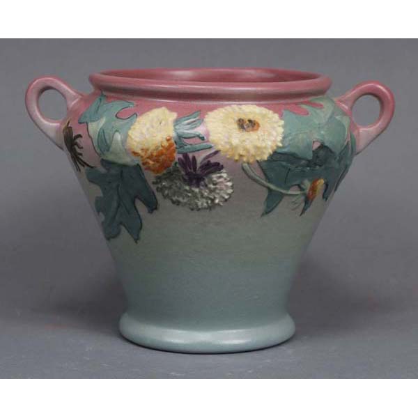 Appraisal: Weller Hudson Floral Mums Double Handle Vase Signed L Morris