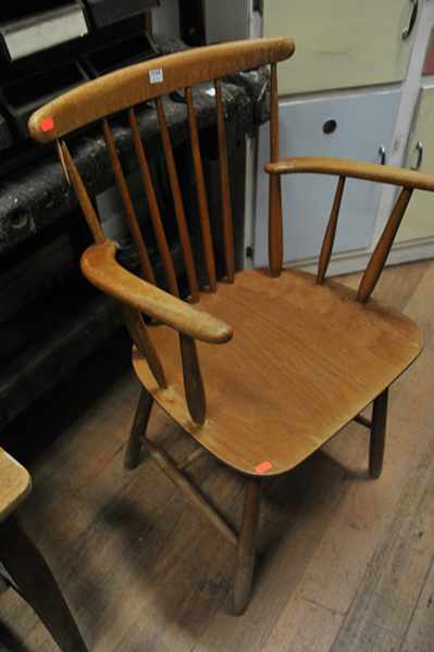 Appraisal: A DANISH BEECH OPEN ARMCHAIR BROKEN BACK SPINDLE