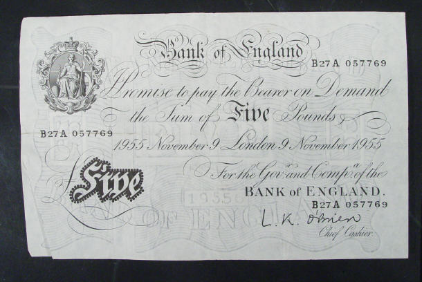 Appraisal: White Bank of England note O'Brien No B A