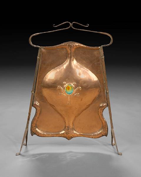 Appraisal: An Art Nouveau repouss copper and glazed earthenware firescreen circa