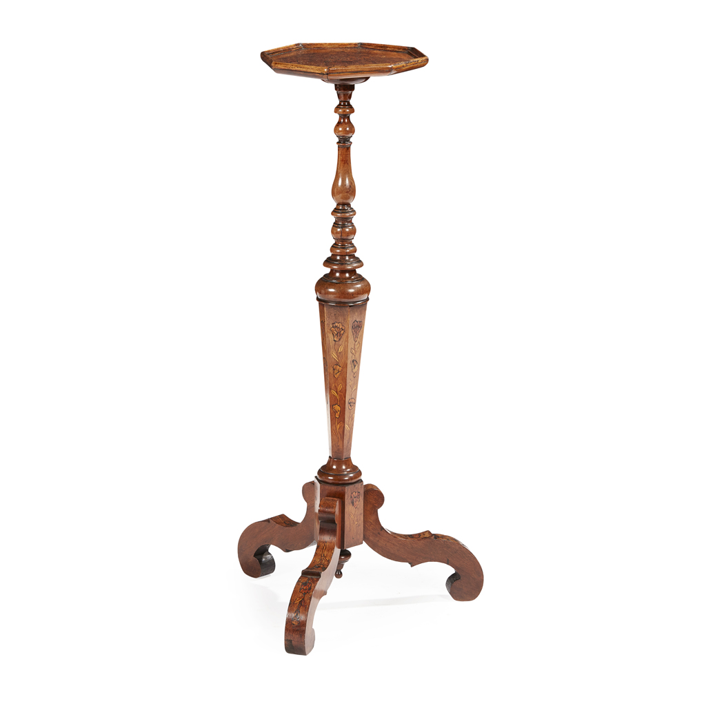 Appraisal: DUTCH WALNUT AND MARQUETRY CANDLESTAND EARLY TH CENTURY the moulded