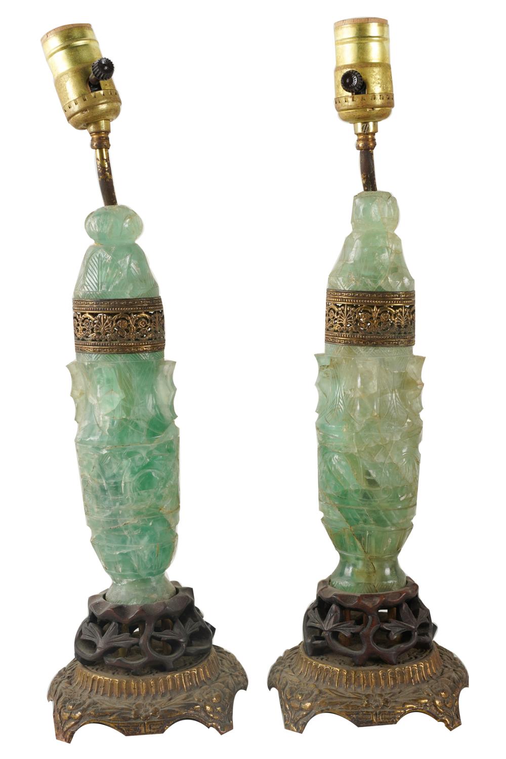 Appraisal: PAIR OF CHINESE CARVED FLUORITE URNSeach mounted on a wooden