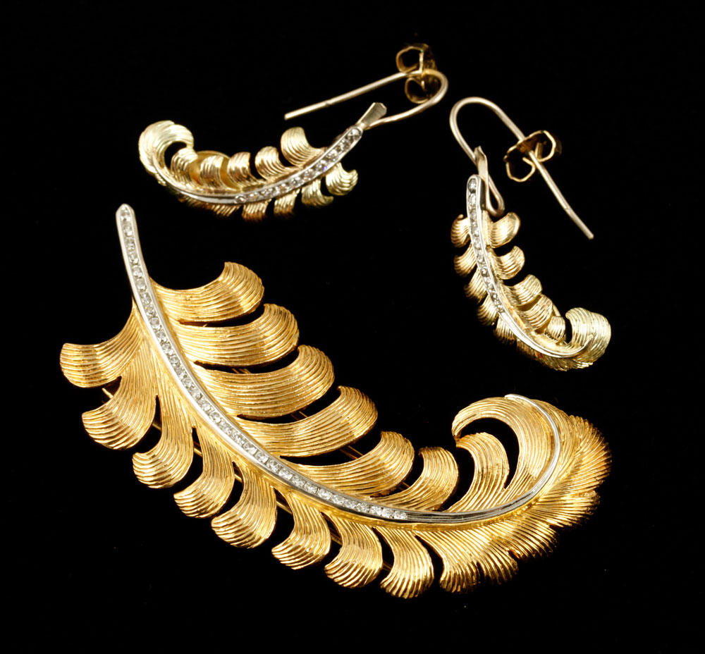 Appraisal: - K Gold and Diamond Brooch and Earrings Three piece