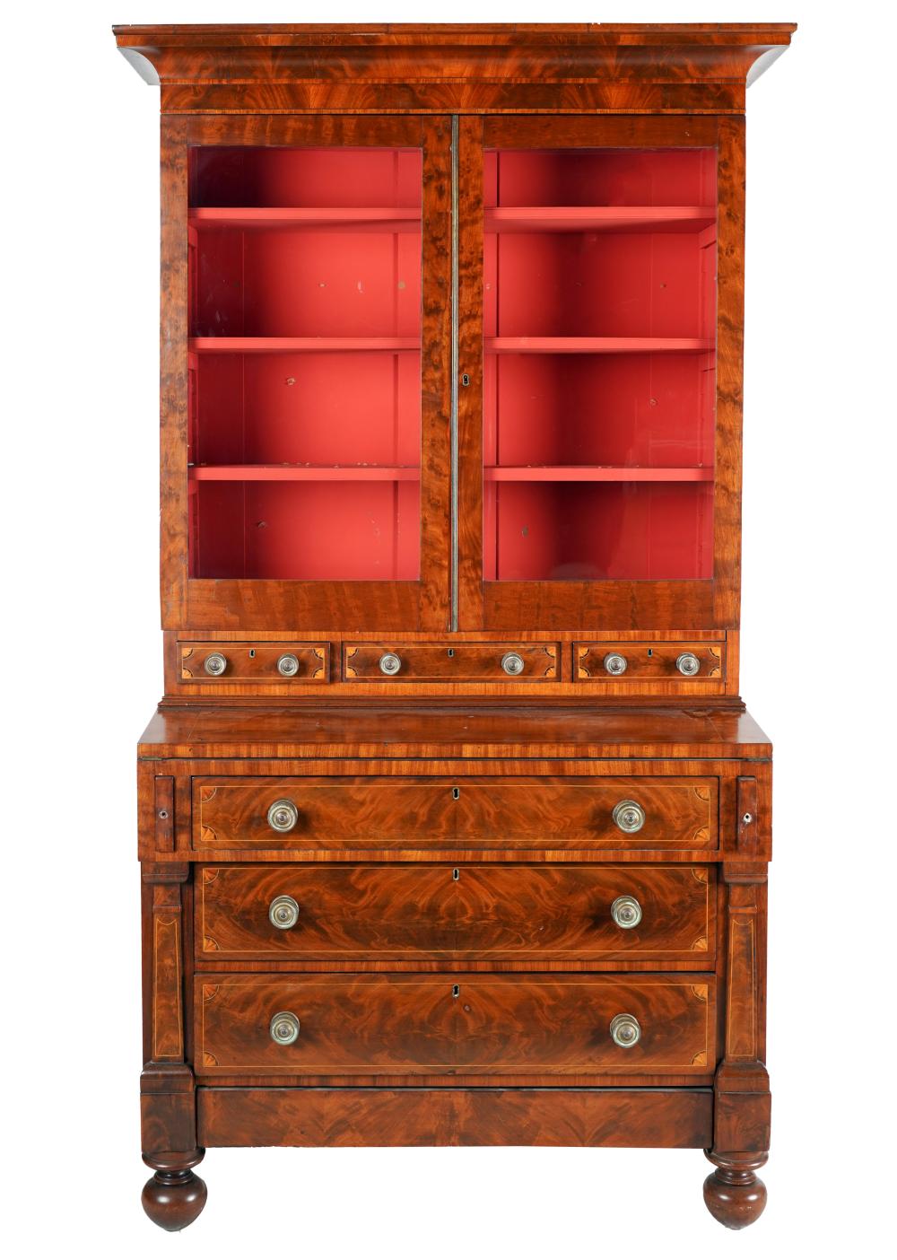 Appraisal: INLAID MAHOGANY BOOKCASE BUREAU th century constructed in three parts