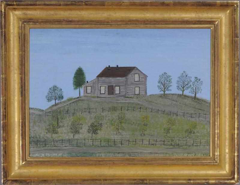 Appraisal: AMERICAN SCHOOL TH C LANDSCAPE WITH LOG CABIN Oil on