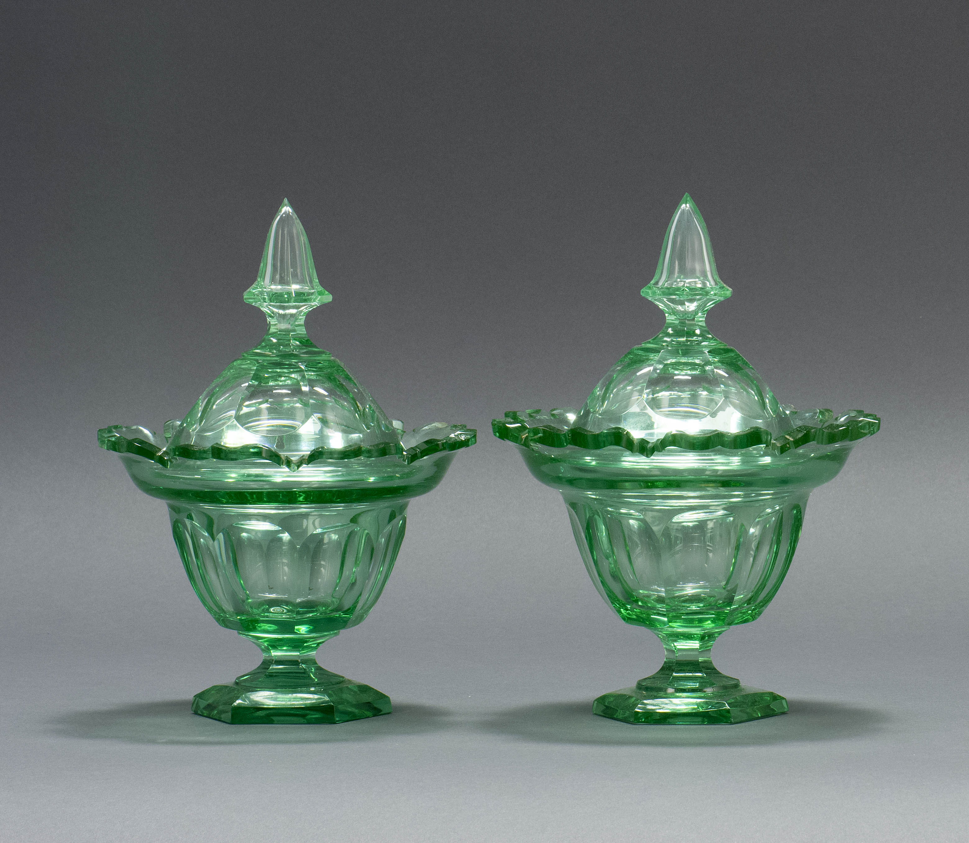 Appraisal: PAIR OF CUT GLASS COVERED SWEETMEAT DISHES Probably English Last