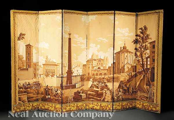 Appraisal: An Empire Wallpaper Folding Screen with a Capriccio View of