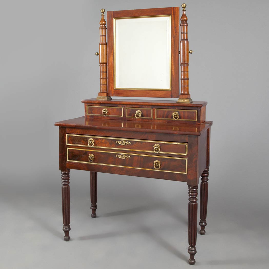 Appraisal: Classical Brass Inlaid Mahogany Dressing Table th Century The superstructure