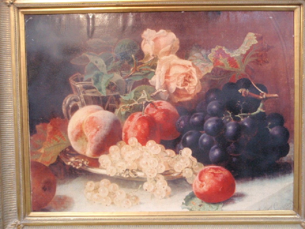 Appraisal: A still life of fruit and flowers oleograph lithograph gilt