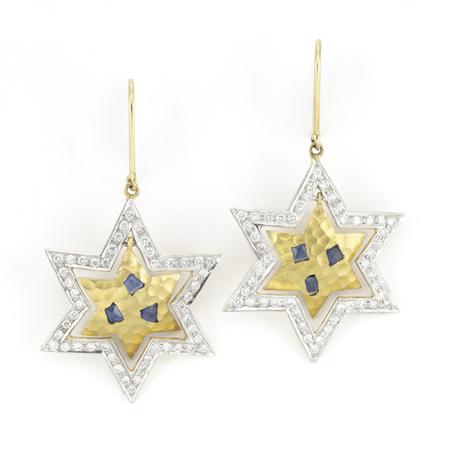 Appraisal: Pair of Gold Diamond and Sapphire Star Pendant-Earrings Lunia Estimate