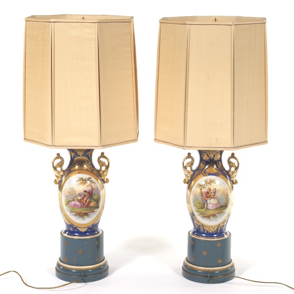 Appraisal: PAIR OF SEVRES STYLE PORCELAIN VASE LAMPS WITH SILK SHADES