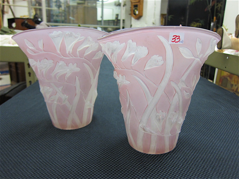 Appraisal: PAIR OF PHOENIX ART GLASS FLOWER VASES in a self-arranging