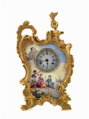 Appraisal: A gilt brass Viennese enamel boudoir clock painted a romantic