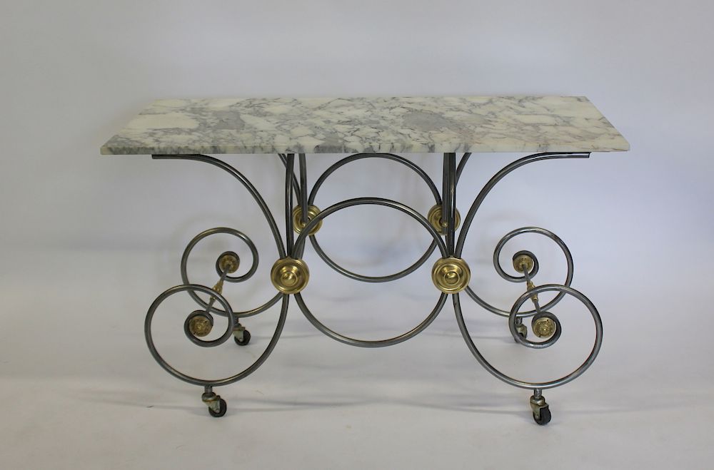 Appraisal: Antique Steel Brass And Marbletop Bakers Table Great quality and