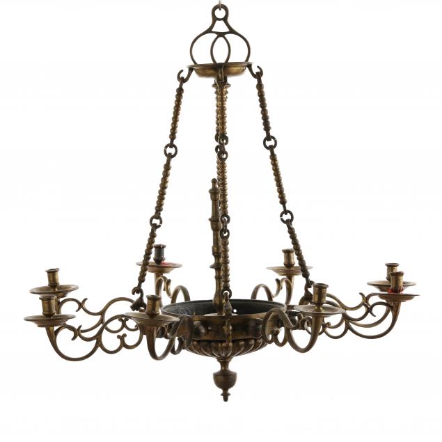 Appraisal: DUTCH COLONIAL STYLE BRASS CHANDELIER First half th century eight-light