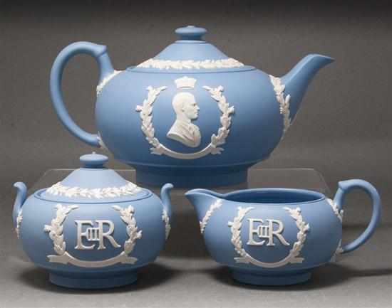 Appraisal: Wedgwood blue and white jasperware three-piece commemorative tea set Estimate