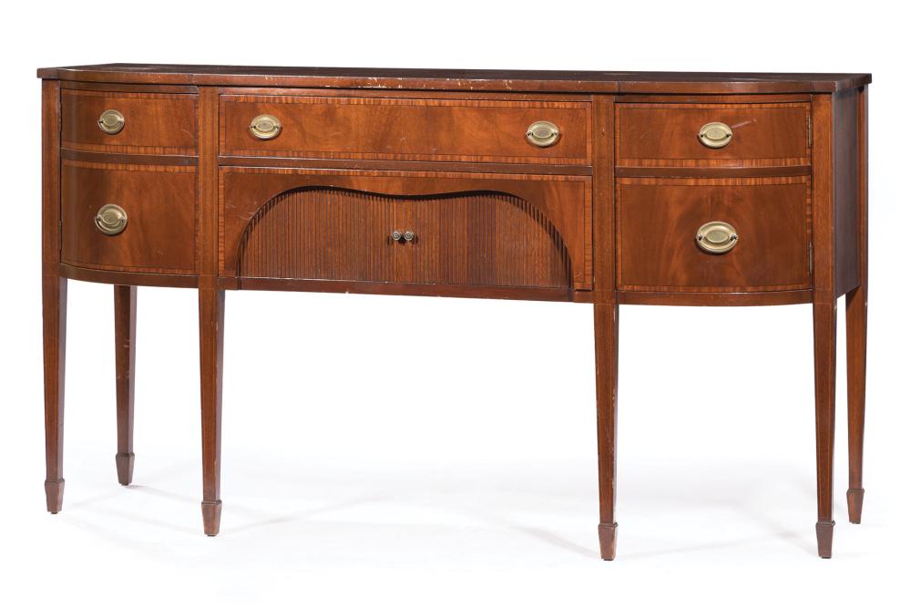 Appraisal: American Federal-Style Inlaid Mahogany Sideboard shaped top central long drawer