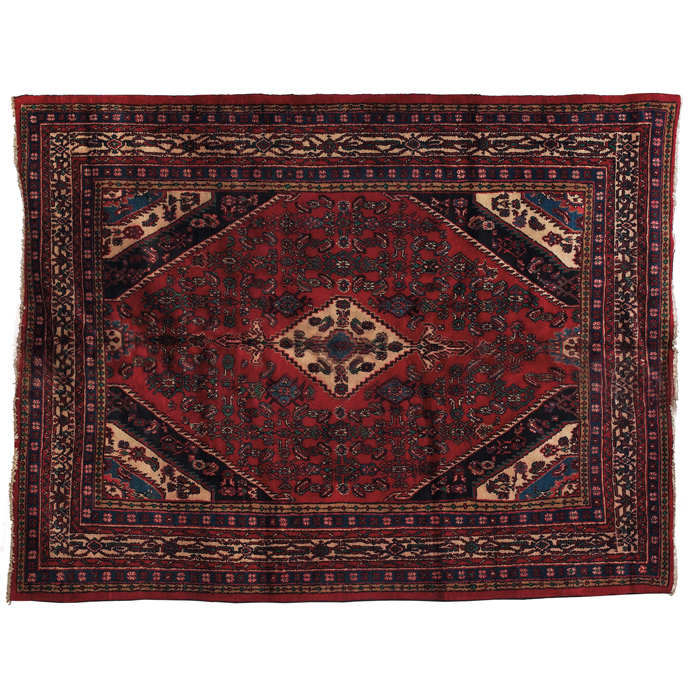 Appraisal: Hamadan rug c floral design on a red field some