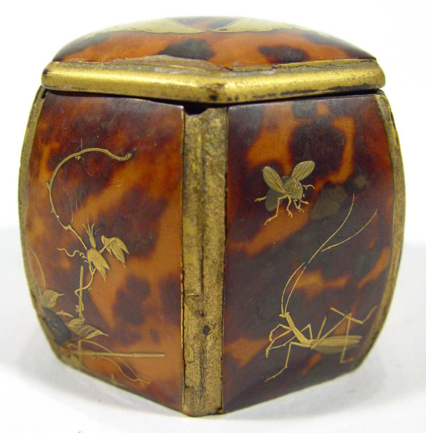 Appraisal: Hexagonal Oriental tortoiseshell box and cover with gilded butterfly decoration