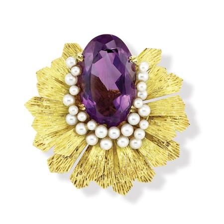 Appraisal: Gold Amethyst and Cultured Pearl Flower Brooch Henry Dunay Estimate