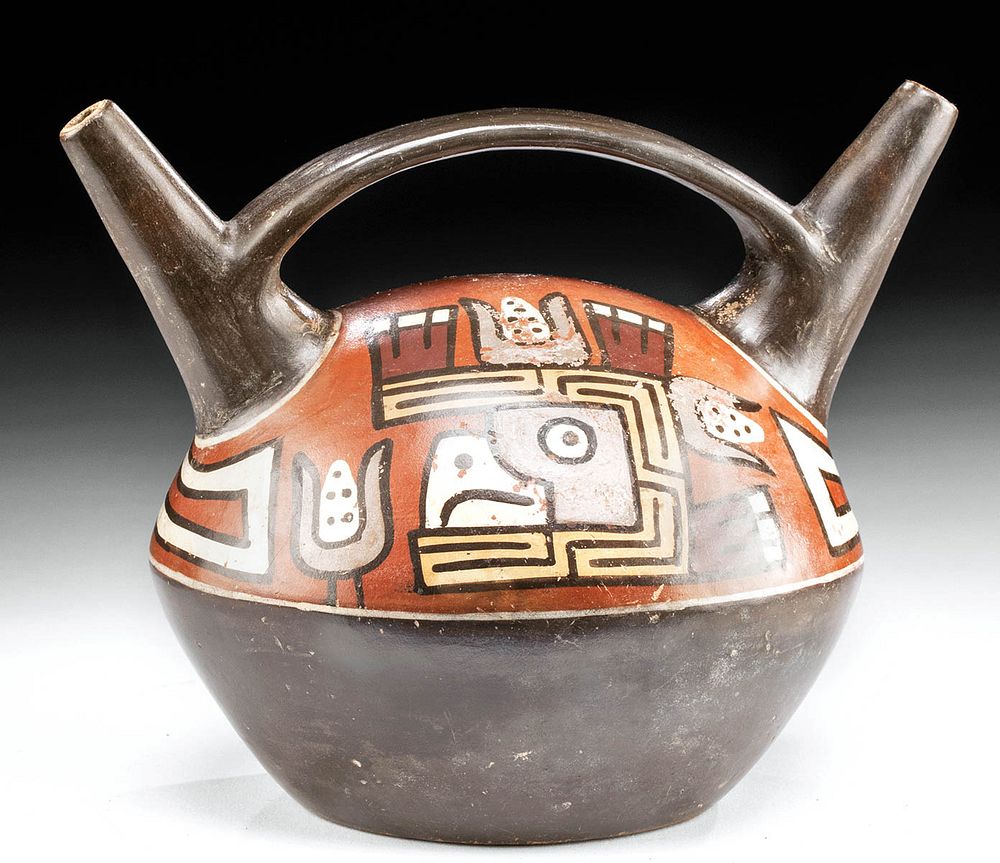 Appraisal: Huari Polychrome Bridge Spout Vessel - Falcon God Pre-Columbian South