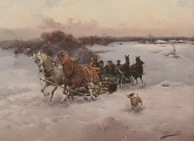 Appraisal: Pulling the Sleighs oil on panel x SLR J Konarski