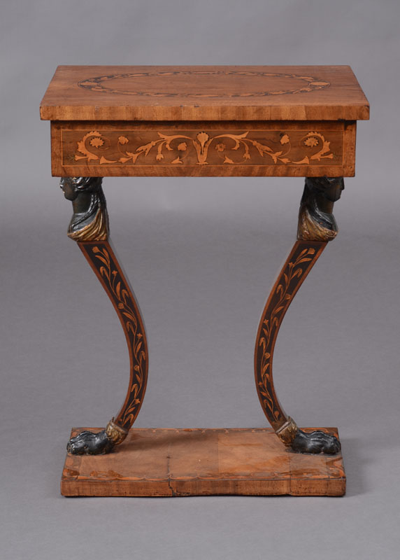 Appraisal: AUSTRIAN NEOCLASSICAL WALNUT AND FRUITWOOD MARQUETRY SIDE TABLE The overhanging