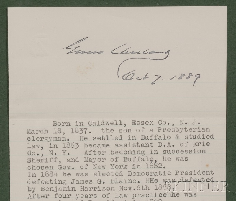 Appraisal: Cleveland Grover - Signed and dated biographical slip of lined