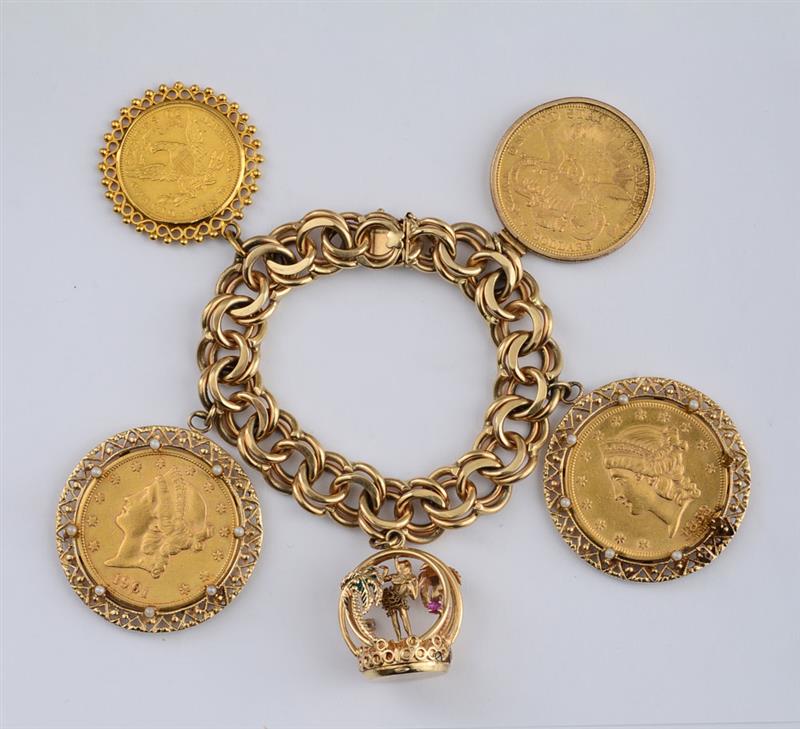 Appraisal: RETRO GOLD COIN CHARM BRACELET A k gold round link