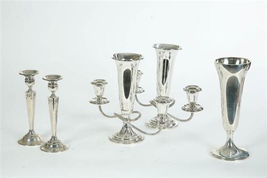 Appraisal: THREE PIECES OF WEIGHTED STERLING Pair of Gorham candleabra with