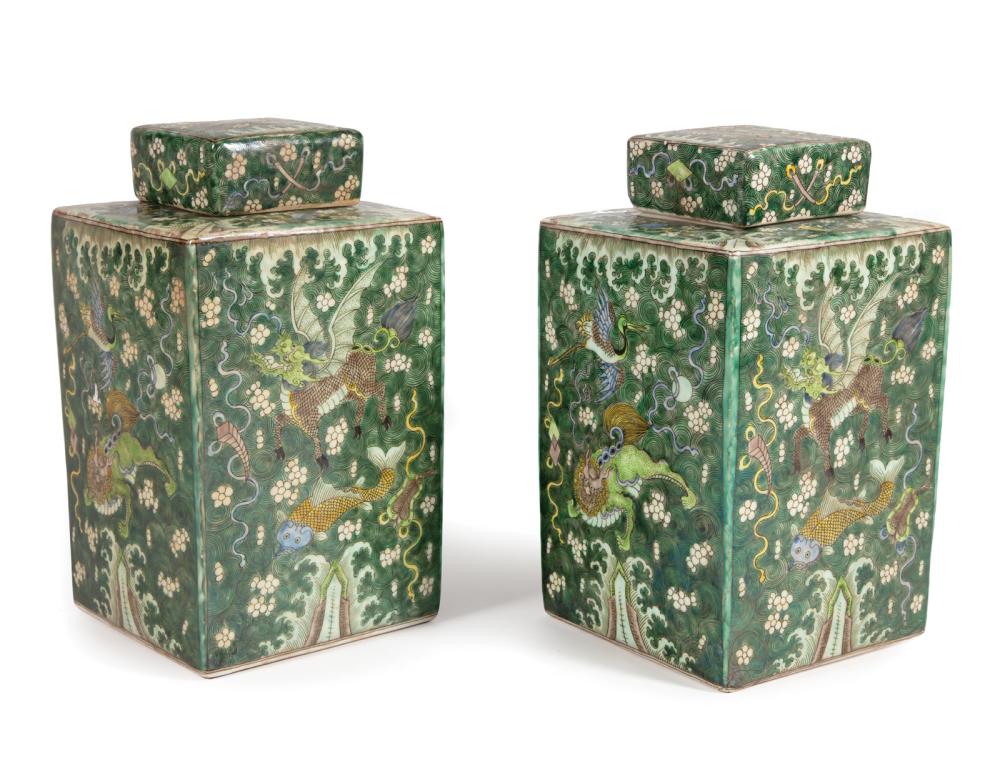 Appraisal: Decorative Pair of Chinese Export-Style Famille Verte Porcelain Tea Caddies