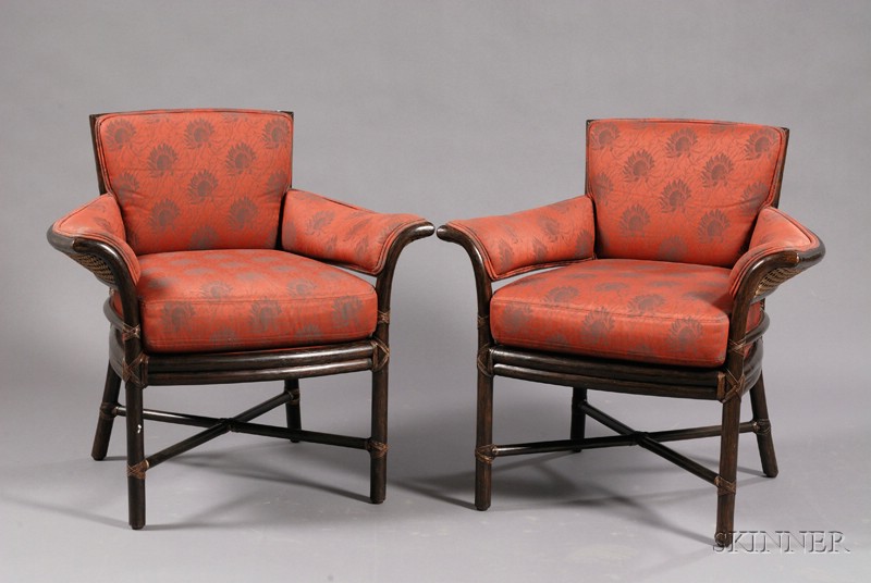 Appraisal: Pair of Contemporary Asian Inspired Armchairs Wood fiber cane and