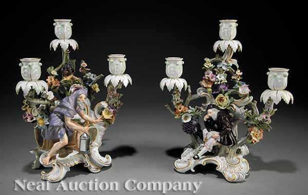 Appraisal: A Pair of Meissen Porcelain Figural Three-Light Candelabra late th