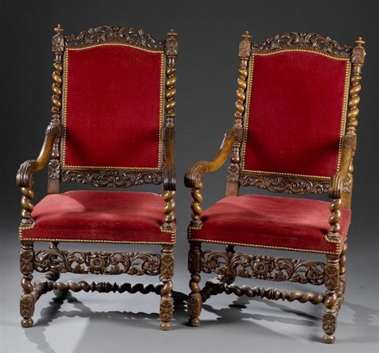 Appraisal: Pair of English Charles II style walnut open arm chairs