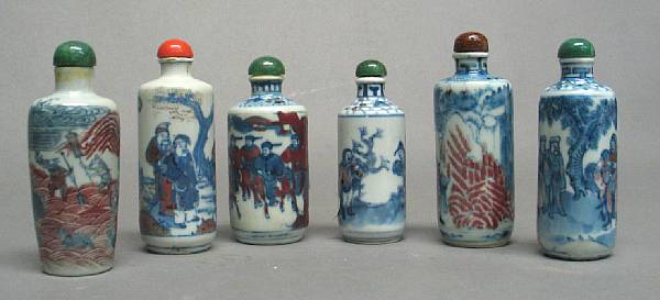 Appraisal: Six underglazed blue and copper red decorated snuff bottles All