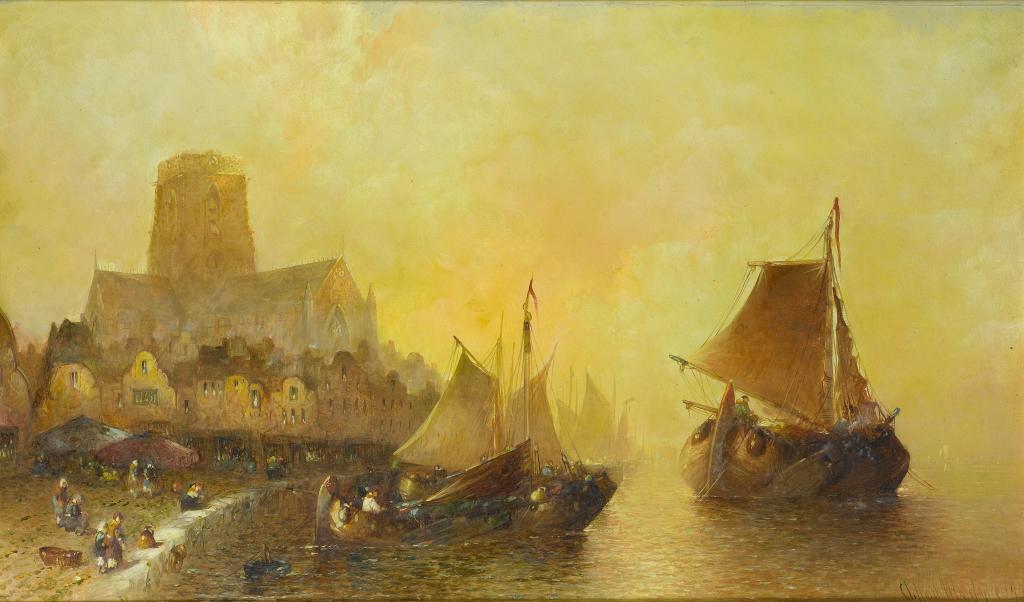 Appraisal: CLIFFORD MONTAGUE - A DUTCH HARBOUR AT DAWN signed and