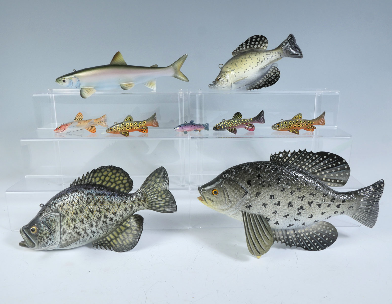 Appraisal: NINE PIECE FISH DECOY LOT Realistic Crappie Fish Decoy by