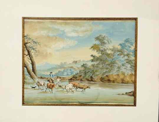 Appraisal: Watercolor painting of cattle goats and herders th c unsigned