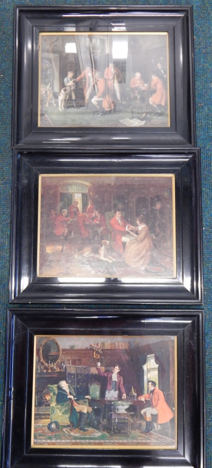 Appraisal: Three coloured prints depicting interior scenes in ebonised frames cm