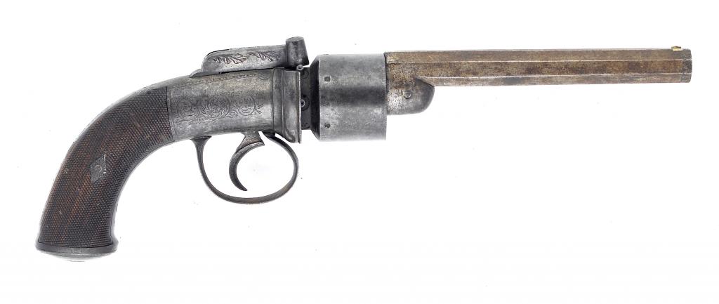 Appraisal: AN ENGLISH TRANSITIONAL REVOLVER the cm octagonal barrel engraved on