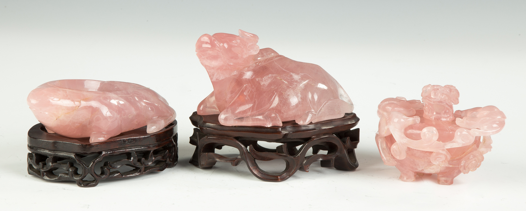 Appraisal: Three Carved Rose Quartz Pieces Frog brush wash water buffalo