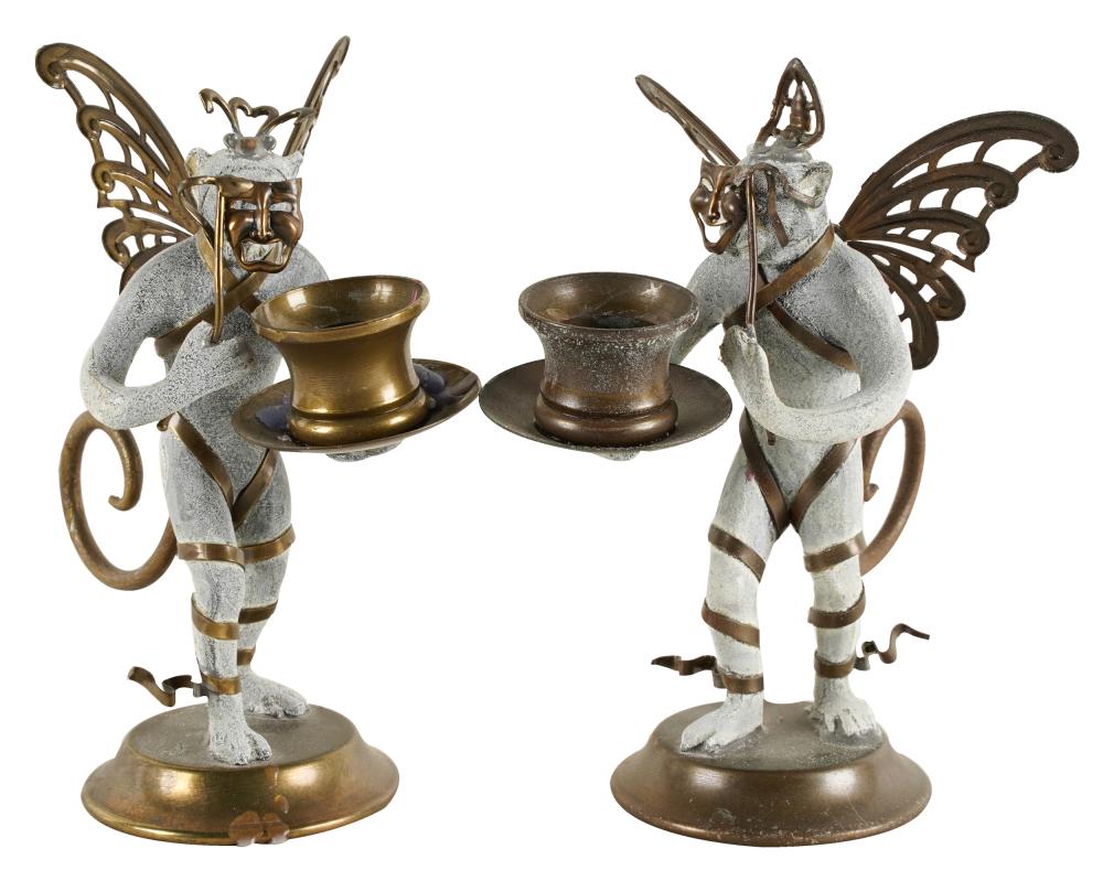 Appraisal: PAIR OF MIXED METAL CANDLESTICKSunmarked modeled as fantastical winged animals