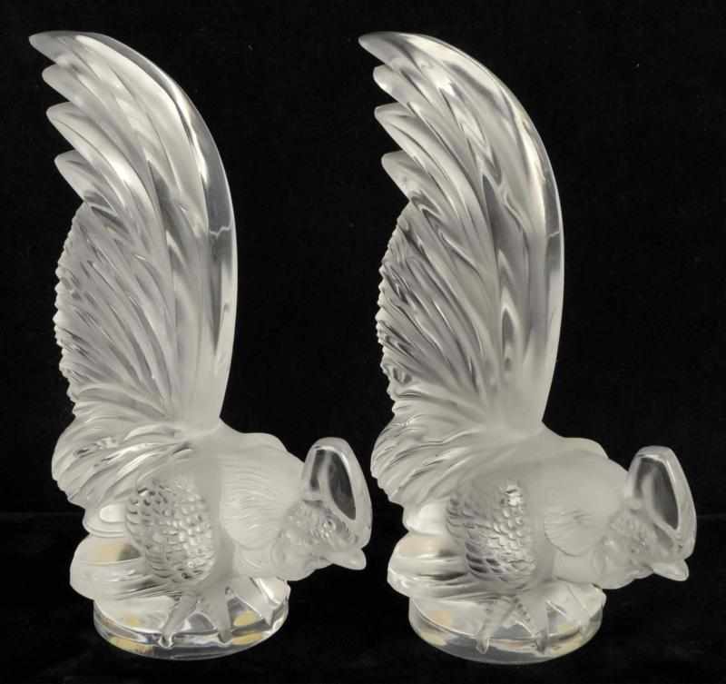 Appraisal: Pair of Crystal Lalique Rooster Paperweights Description Both with etched