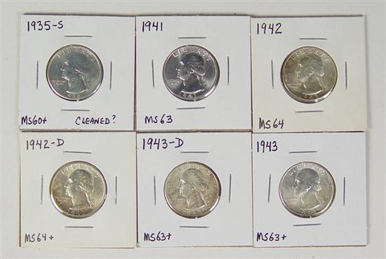 Appraisal: Six Uncirculated Washington Quarters -S MS possibly cleaned MS MS