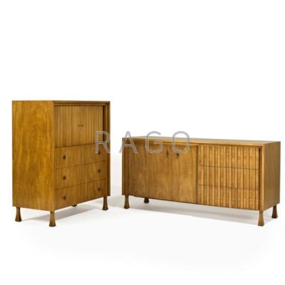 Appraisal: JOHN WIDDICOMB Three piece fruitwood bedroom suite king-sized headboard tall