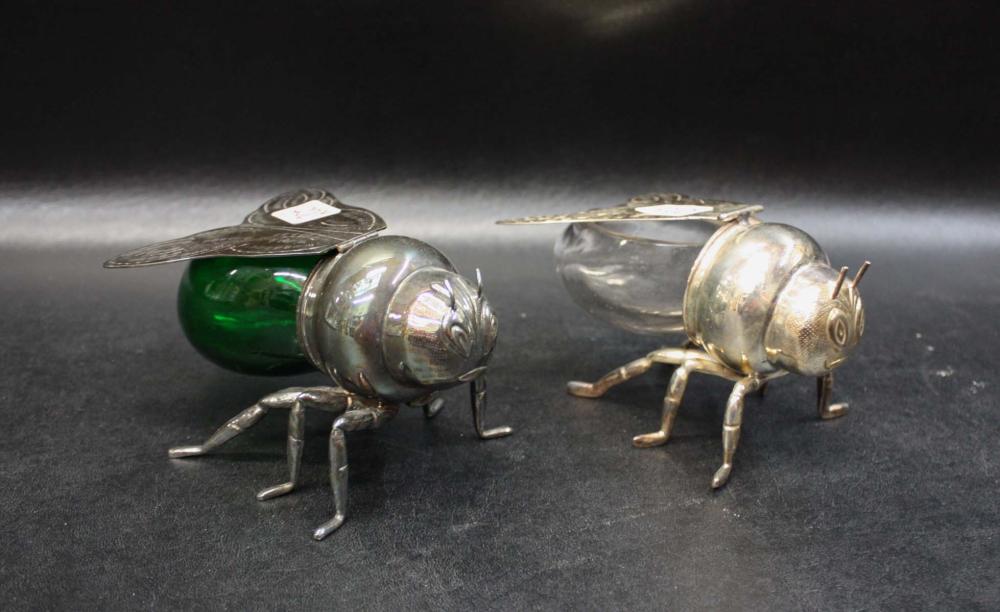 Appraisal: TWO FIGURAL BEE HONEY POTS of silver plate and glass