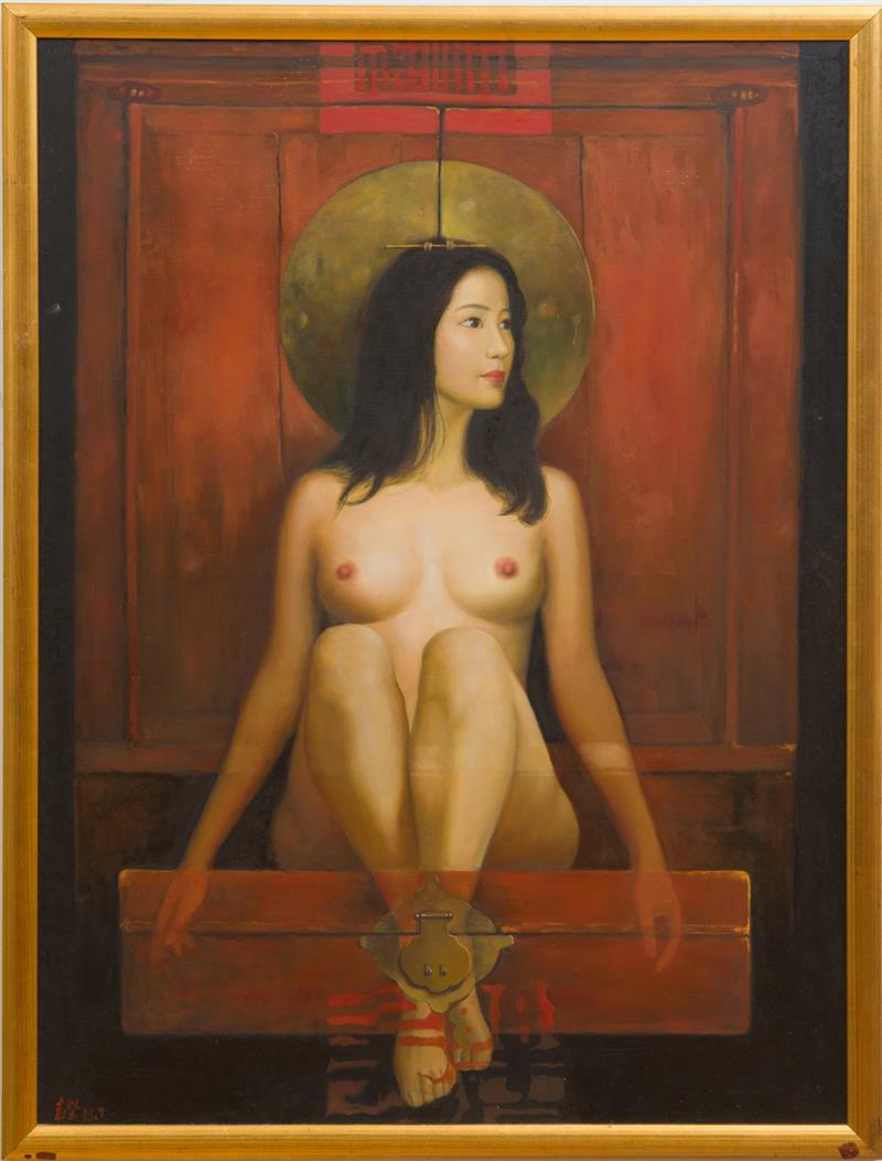 Appraisal: OTH CENTURY SCHOOL SEATED NUDE Oil on canvas c in