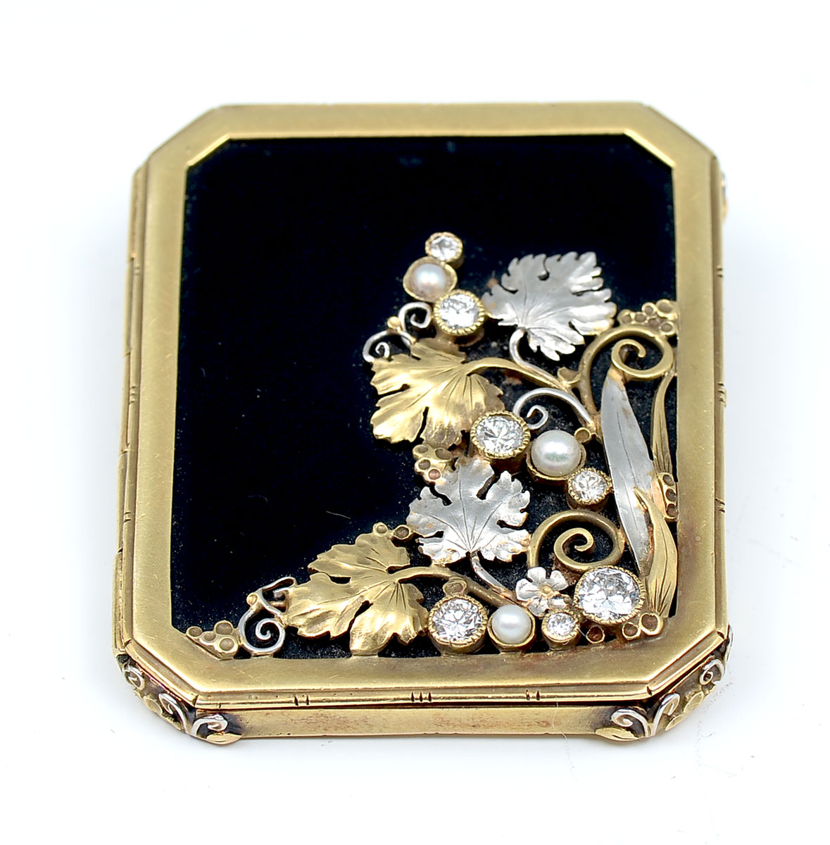 Appraisal: K ONYX SET LOCKET BROOCH PENDANT WITH DIAMONDS PEARLS Estate