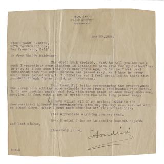 Appraisal: Houdini Harry Ehrich Weisz Typed Letter Signed Houdini to Shadow